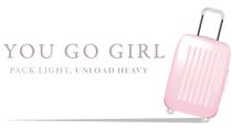 Pink suitcase with 'You Go Girl' text on a white background