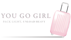 Pink suitcase with 'You Go Girl' text on a white background