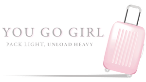 Pink suitcase with 'You Go Girl' text on a white background